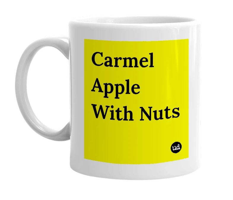 White mug with 'Carmel Apple With Nuts' in bold black letters