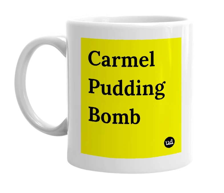 White mug with 'Carmel Pudding Bomb' in bold black letters