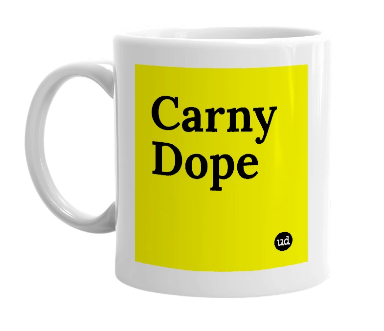 White mug with 'Carny Dope' in bold black letters