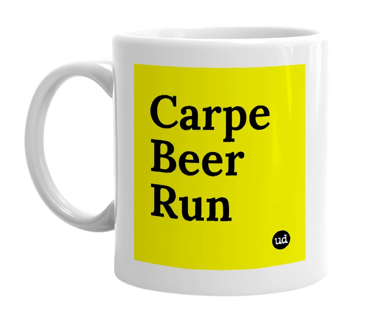 White mug with 'Carpe Beer Run' in bold black letters