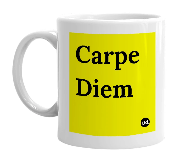 White mug with 'Carpe Diem' in bold black letters