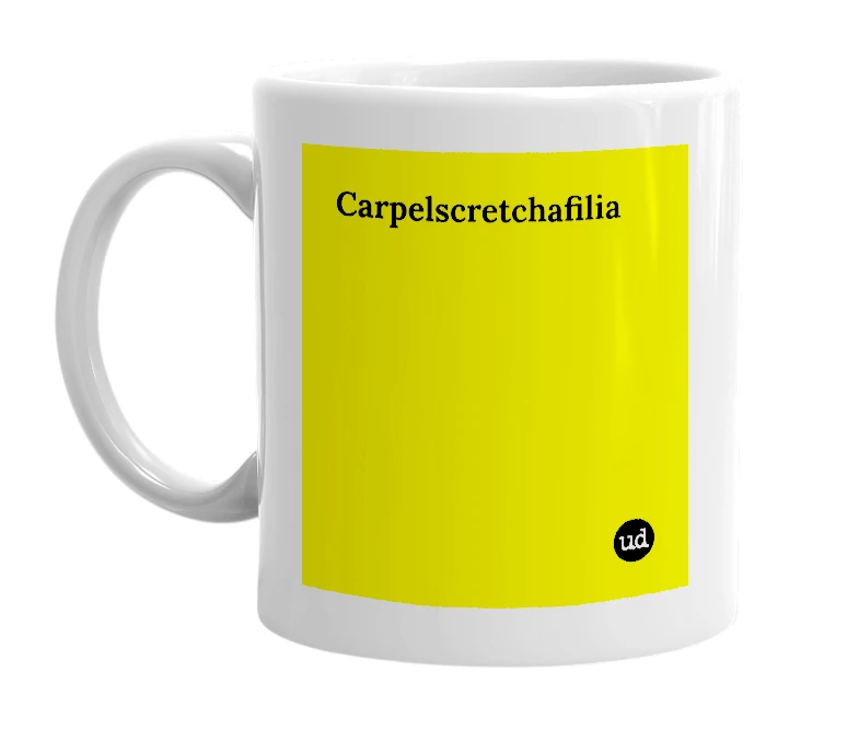 White mug with 'Carpelscretchafilia' in bold black letters