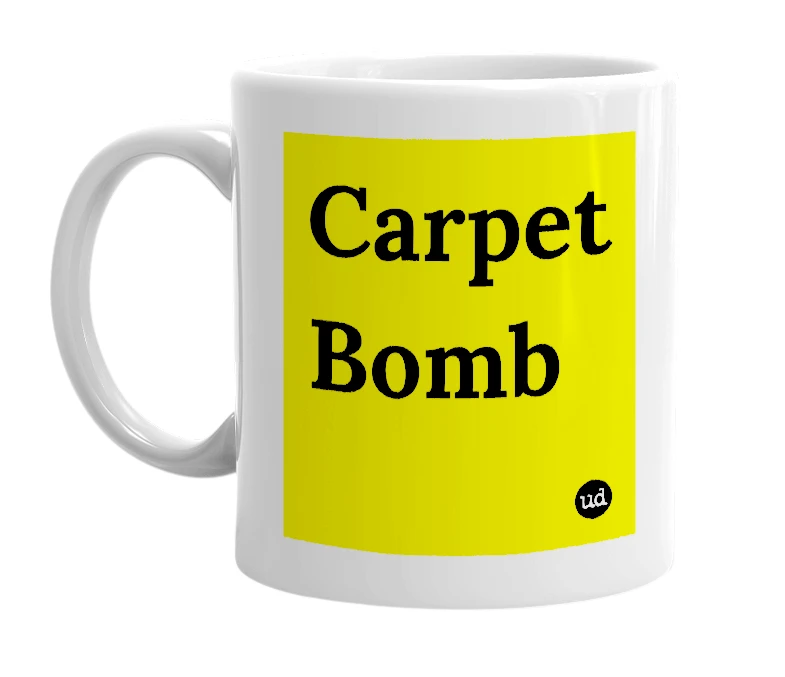 White mug with 'Carpet Bomb' in bold black letters