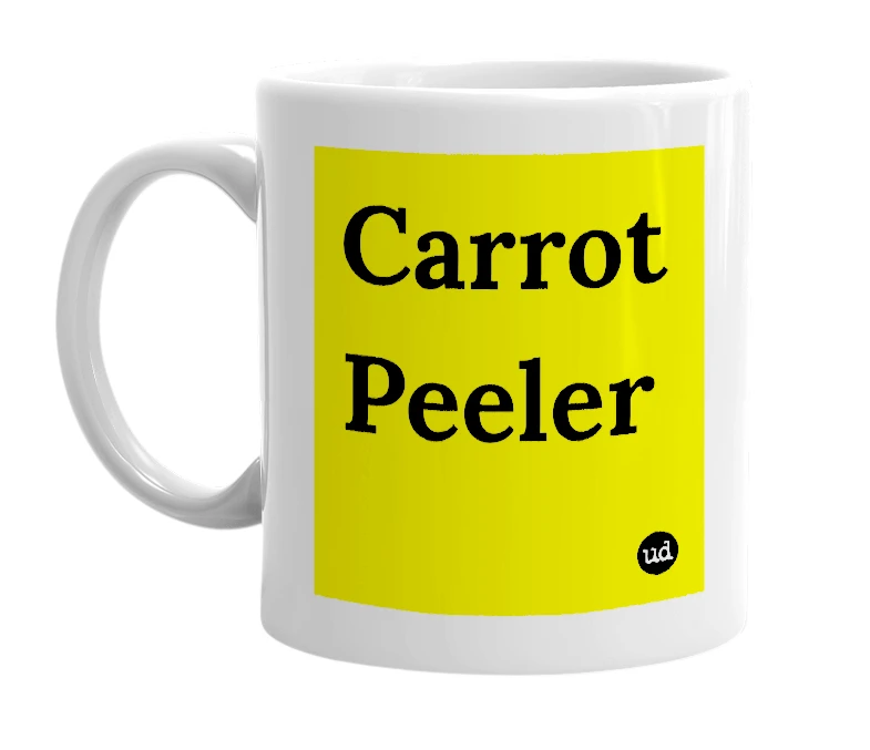 White mug with 'Carrot Peeler' in bold black letters