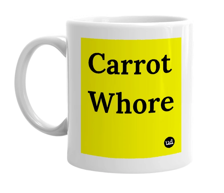 White mug with 'Carrot Whore' in bold black letters