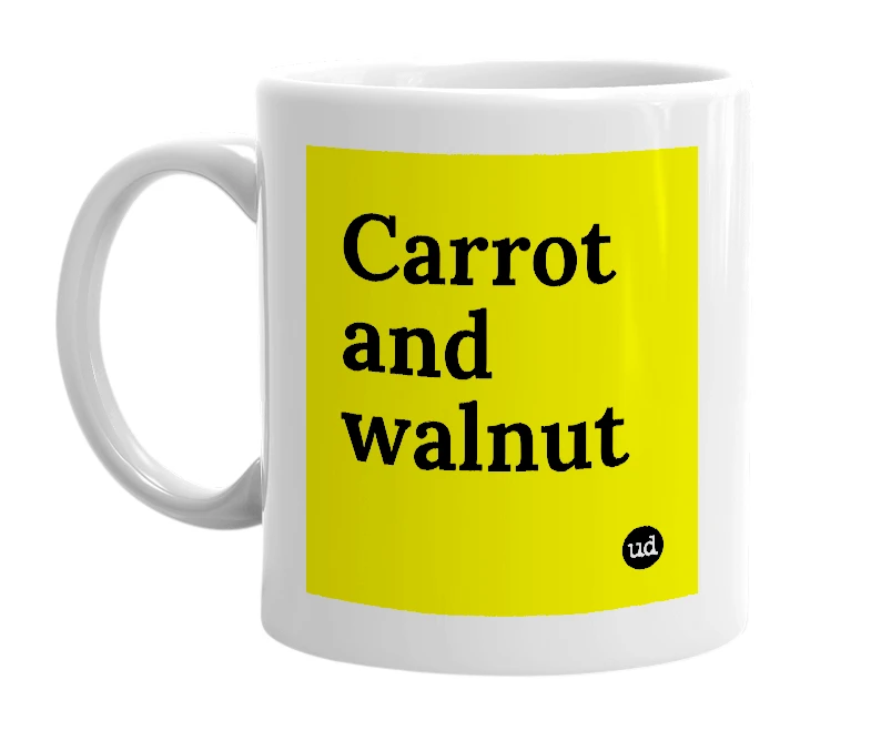 White mug with 'Carrot and walnut' in bold black letters