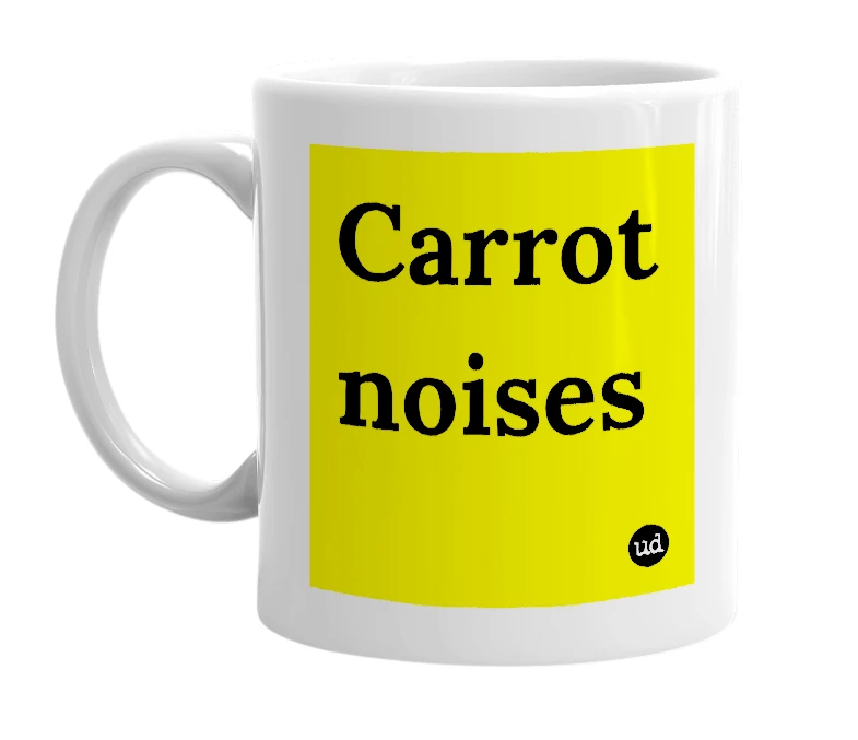 White mug with 'Carrot noises' in bold black letters