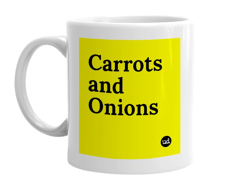 White mug with 'Carrots and Onions' in bold black letters