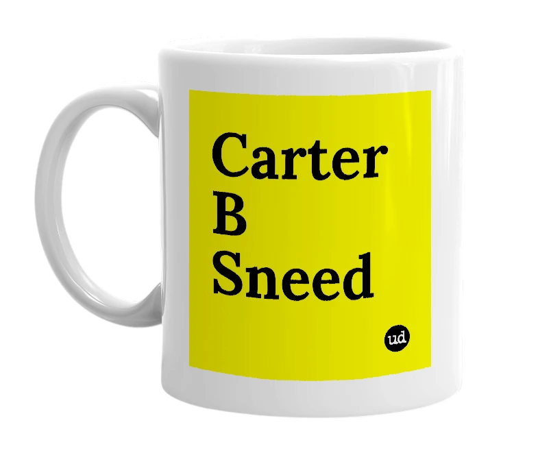 White mug with 'Carter B Sneed' in bold black letters