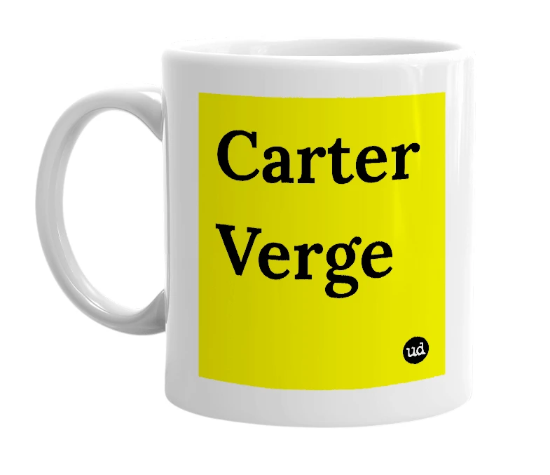 White mug with 'Carter Verge' in bold black letters