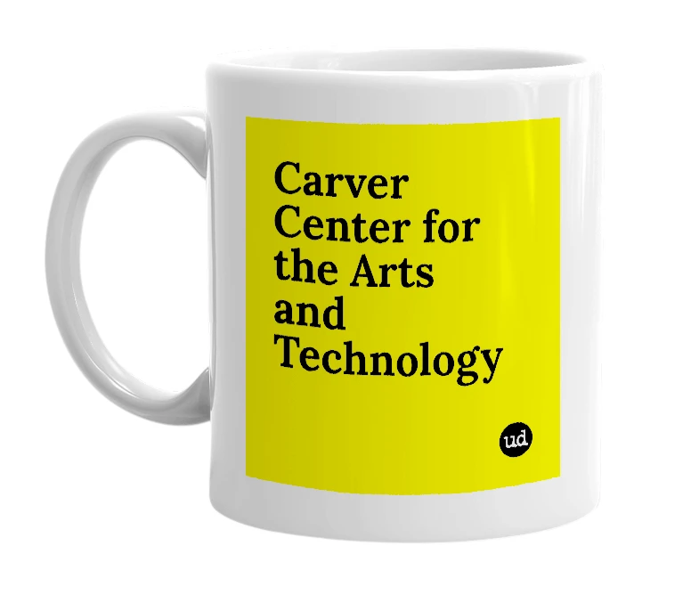 White mug with 'Carver Center for the Arts and Technology' in bold black letters