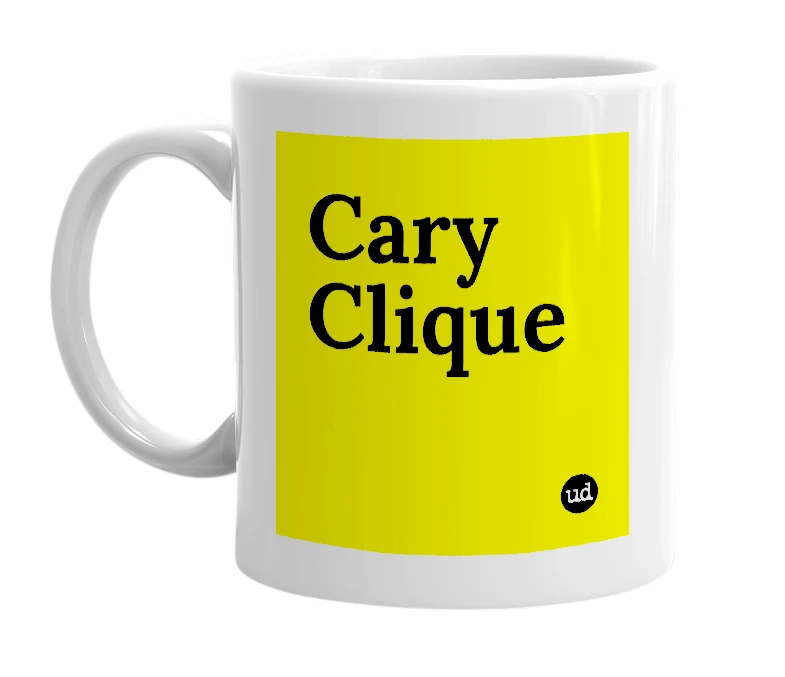 White mug with 'Cary Clique' in bold black letters