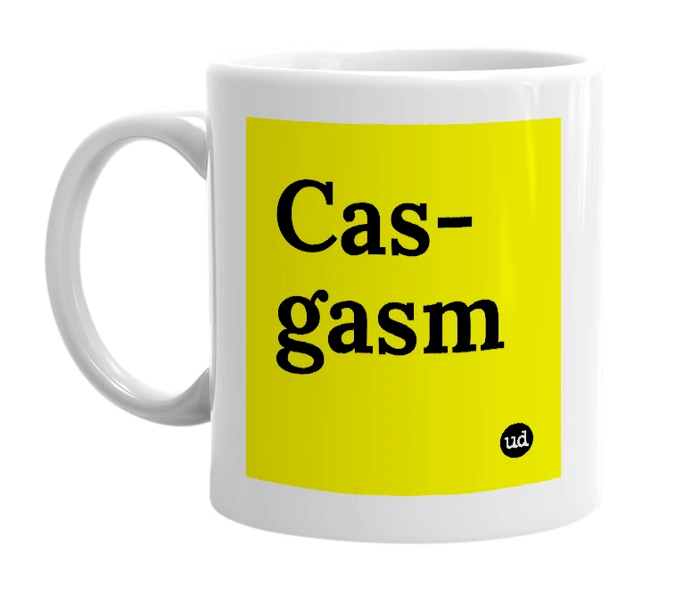 White mug with 'Cas-gasm' in bold black letters