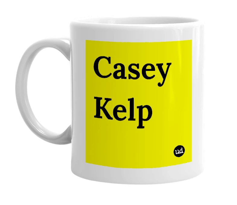 White mug with 'Casey Kelp' in bold black letters