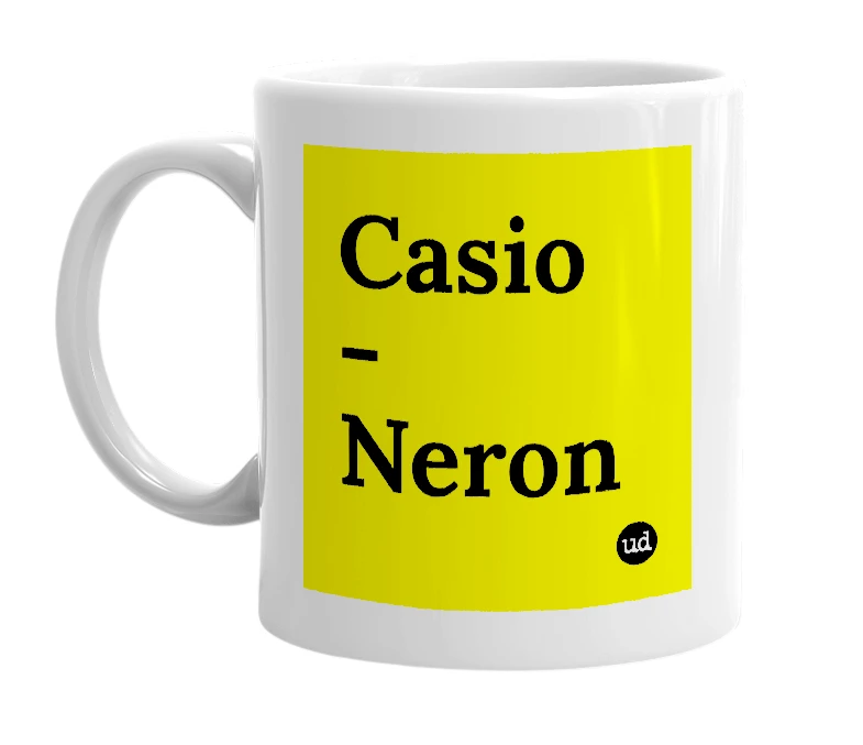 White mug with 'Casio - Neron' in bold black letters
