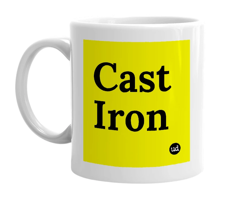 White mug with 'Cast Iron' in bold black letters