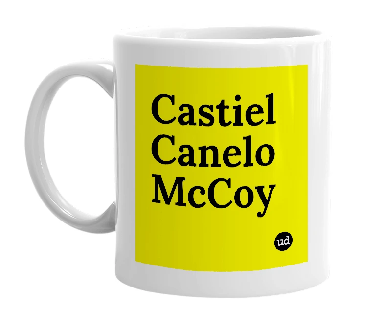 White mug with 'Castiel Canelo McCoy' in bold black letters