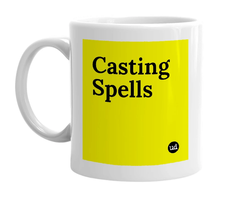 White mug with 'Casting Spells' in bold black letters