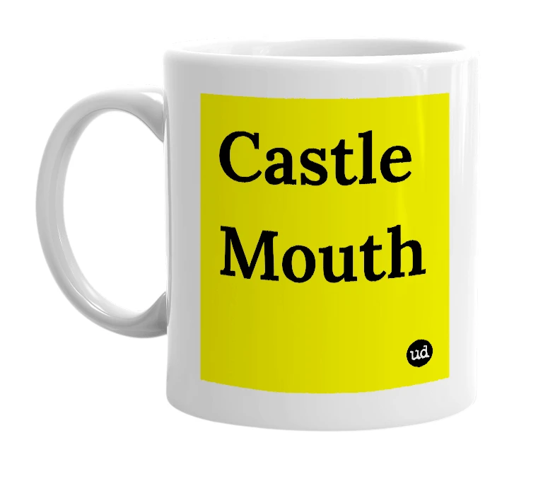 White mug with 'Castle Mouth' in bold black letters