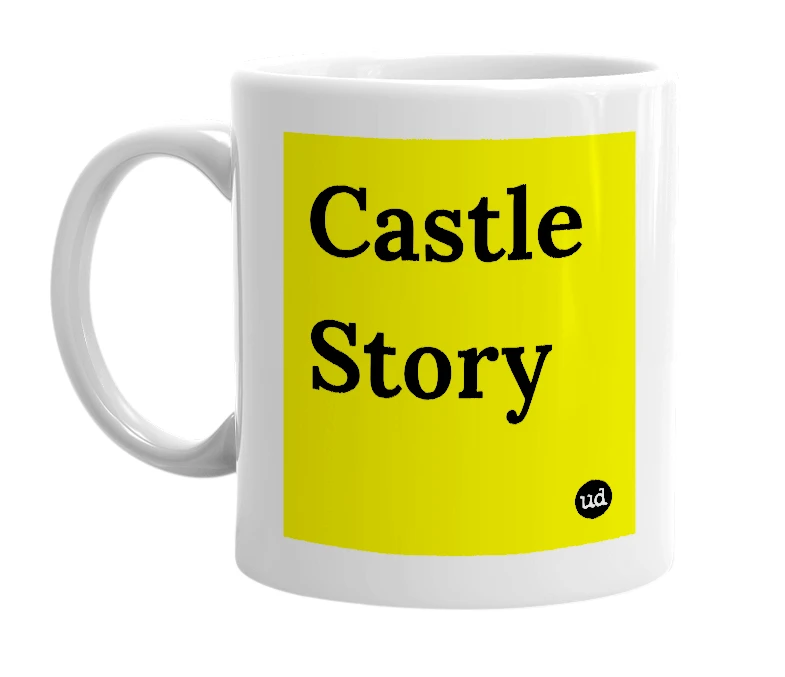 White mug with 'Castle Story' in bold black letters