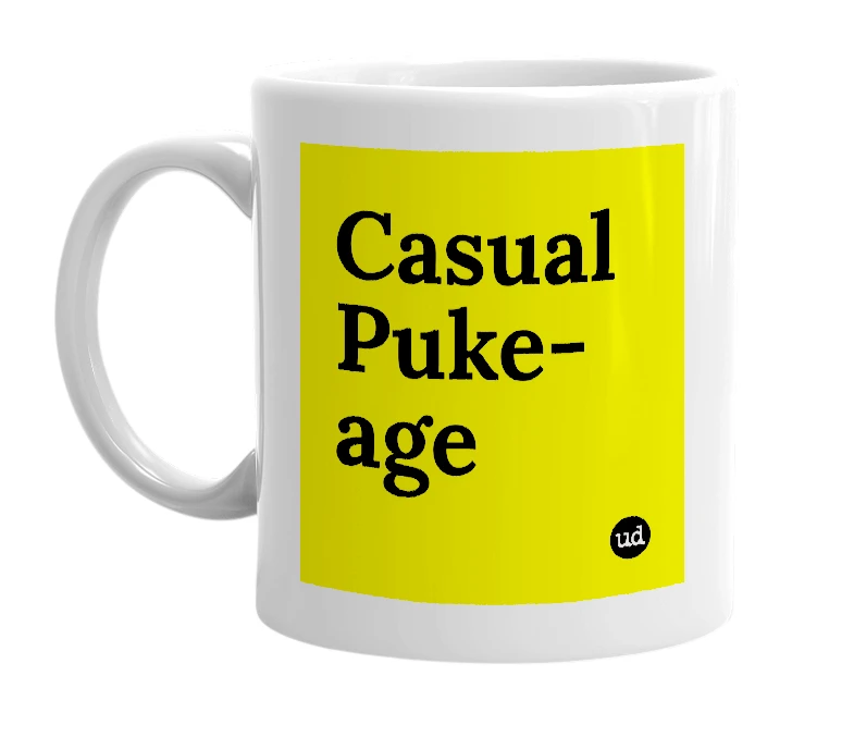 White mug with 'Casual Puke-age' in bold black letters