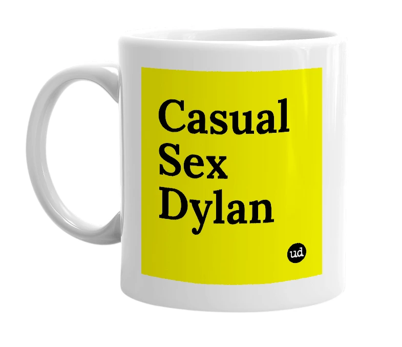 White mug with 'Casual Sex Dylan' in bold black letters