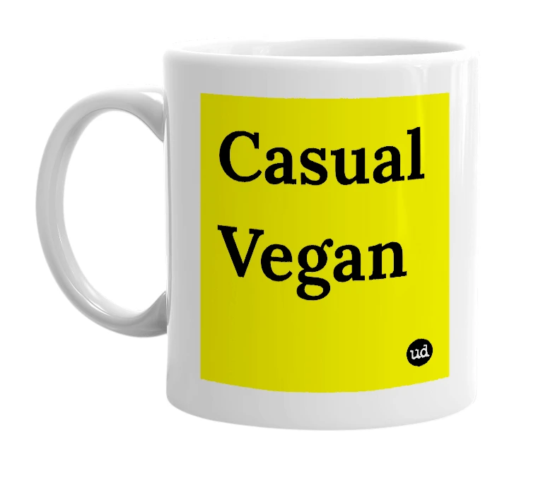 White mug with 'Casual Vegan' in bold black letters