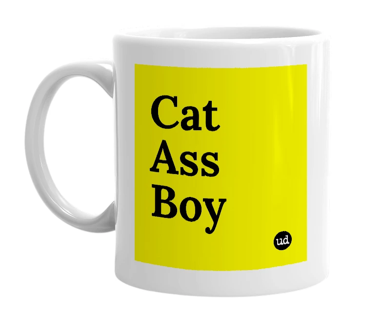 White mug with 'Cat Ass Boy' in bold black letters