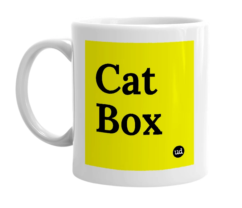 White mug with 'Cat Box' in bold black letters