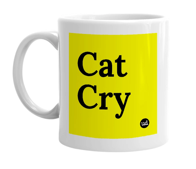 White mug with 'Cat Cry' in bold black letters
