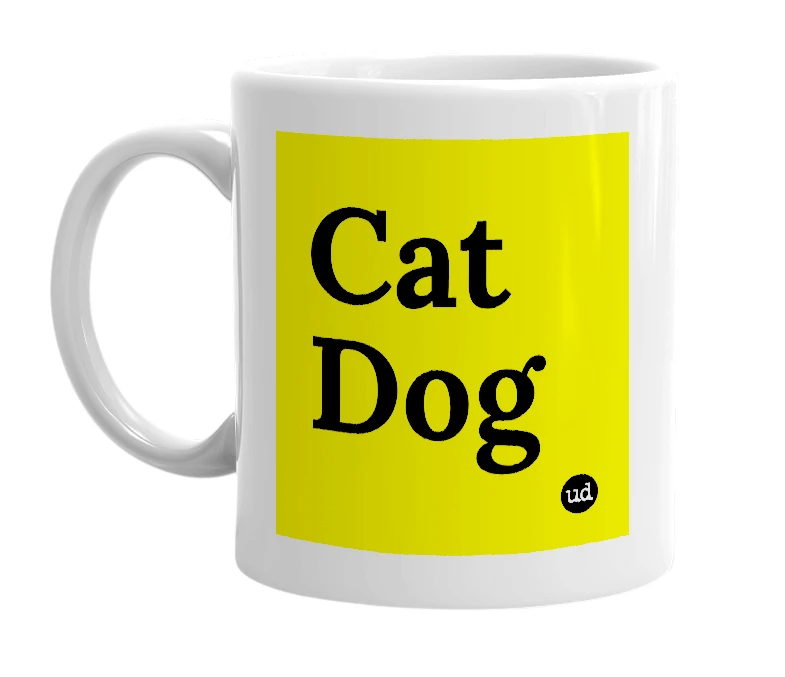 White mug with 'Cat Dog' in bold black letters