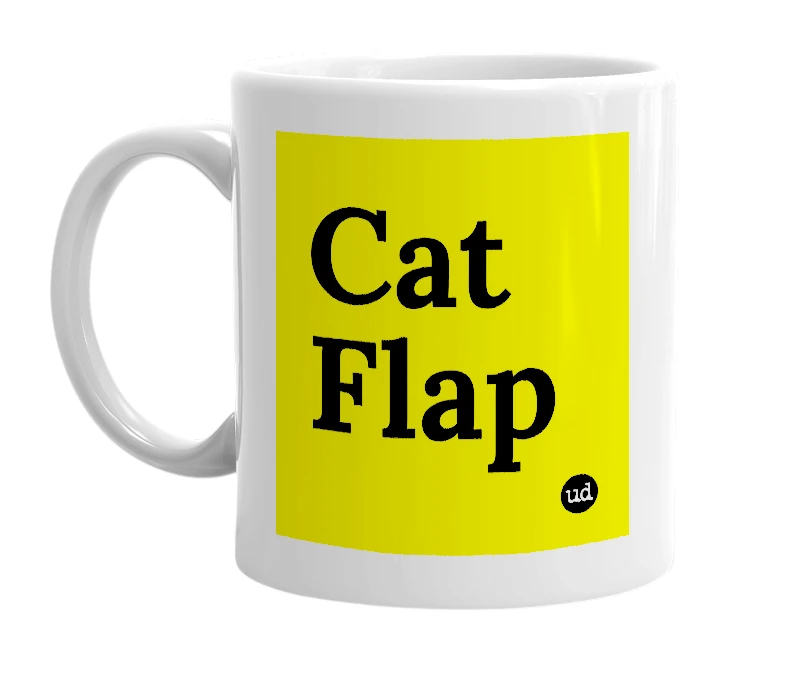 White mug with 'Cat Flap' in bold black letters