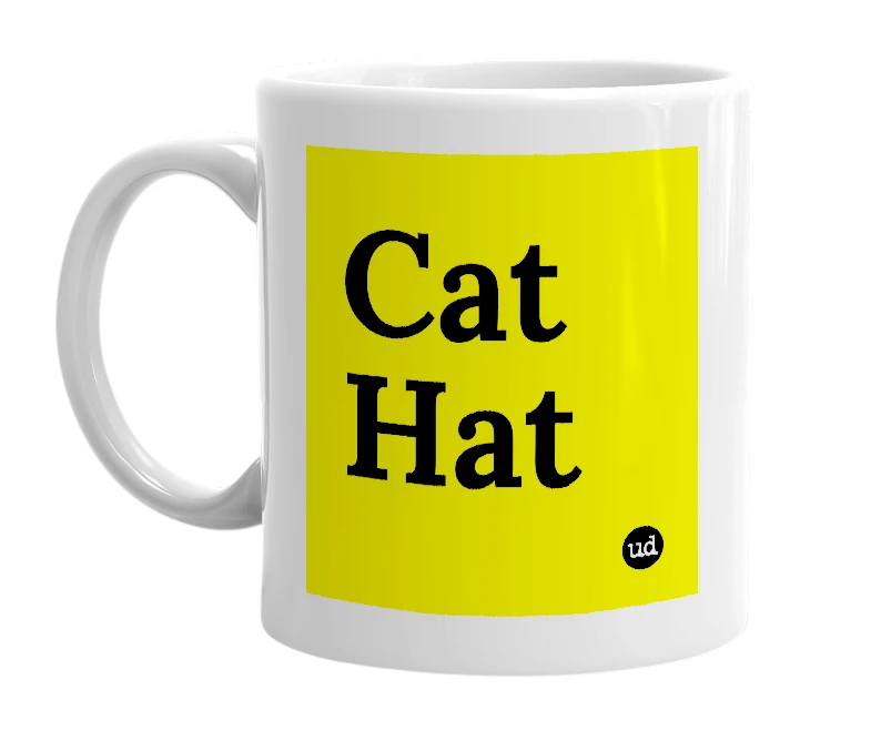 White mug with 'Cat Hat' in bold black letters