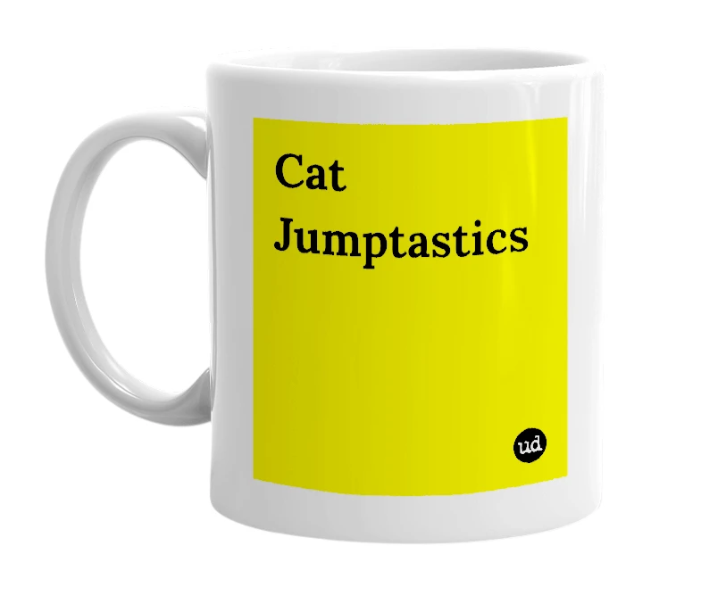 White mug with 'Cat Jumptastics' in bold black letters