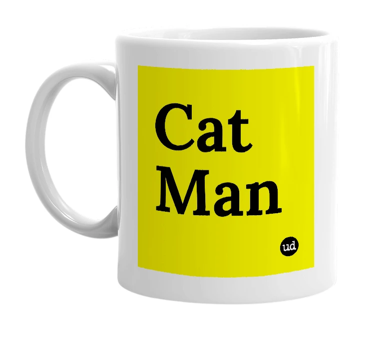 White mug with 'Cat Man' in bold black letters