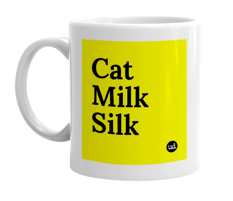 White mug with 'Cat Milk Silk' in bold black letters