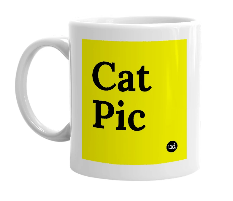 White mug with 'Cat Pic' in bold black letters