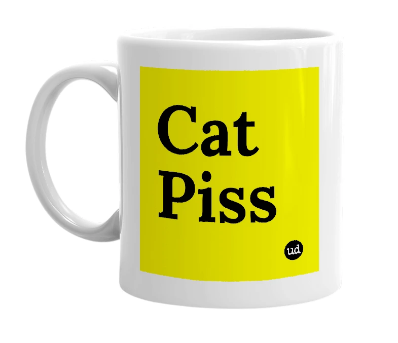 White mug with 'Cat Piss' in bold black letters