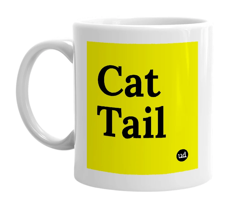 White mug with 'Cat Tail' in bold black letters