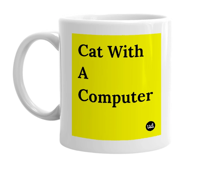 White mug with 'Cat With A Computer' in bold black letters