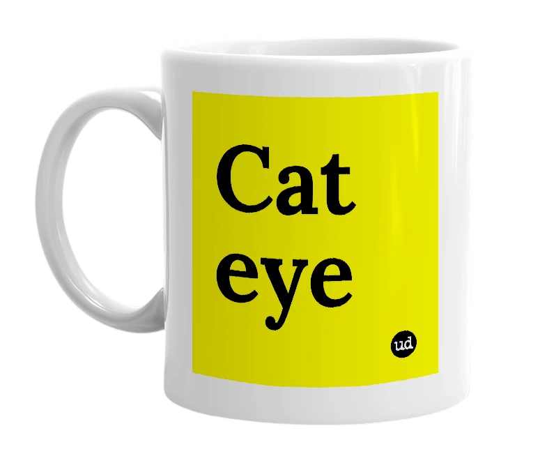 White mug with 'Cat eye' in bold black letters