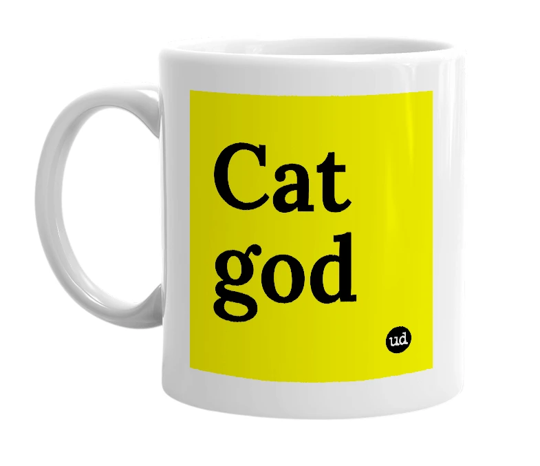 White mug with 'Cat god' in bold black letters
