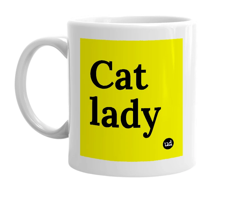 White mug with 'Cat lady' in bold black letters