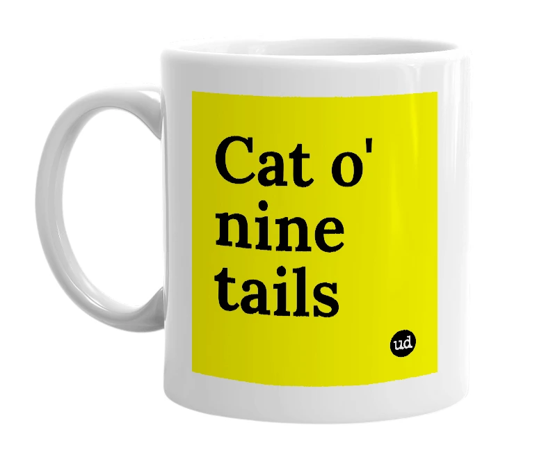 White mug with 'Cat o' nine tails' in bold black letters