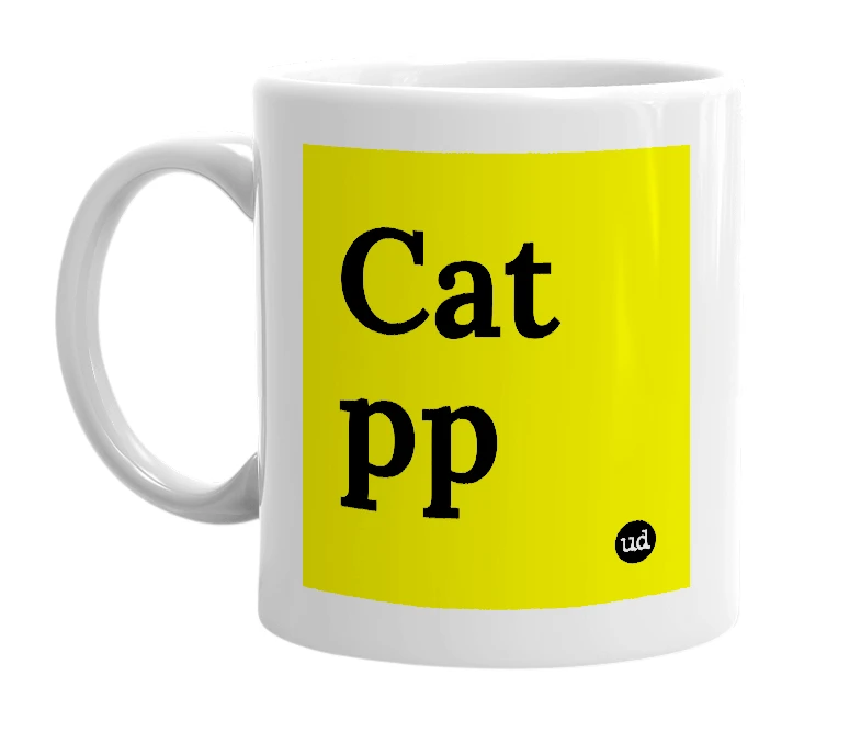 White mug with 'Cat pp' in bold black letters