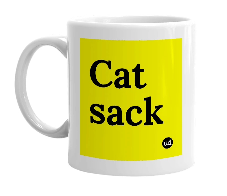 White mug with 'Cat sack' in bold black letters