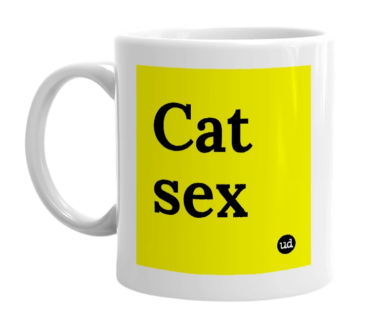 White mug with 'Cat sex' in bold black letters