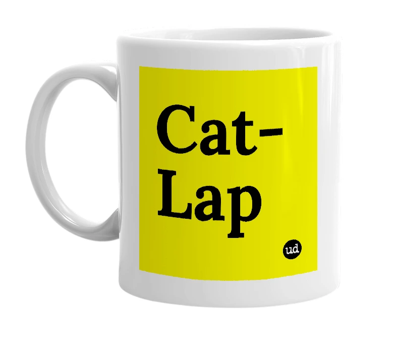 White mug with 'Cat-Lap' in bold black letters
