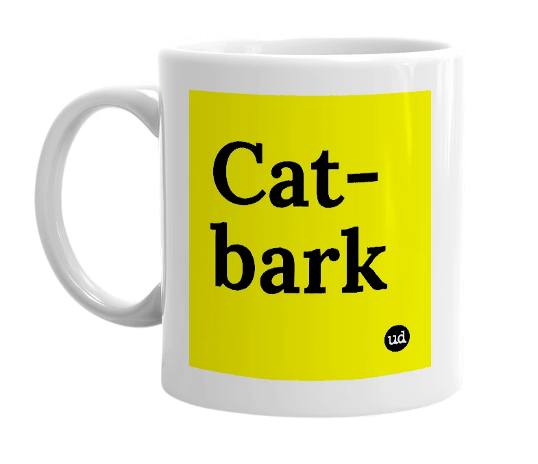 White mug with 'Cat-bark' in bold black letters