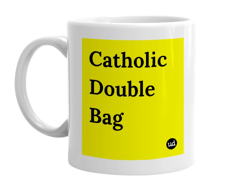 White mug with 'Catholic Double Bag' in bold black letters